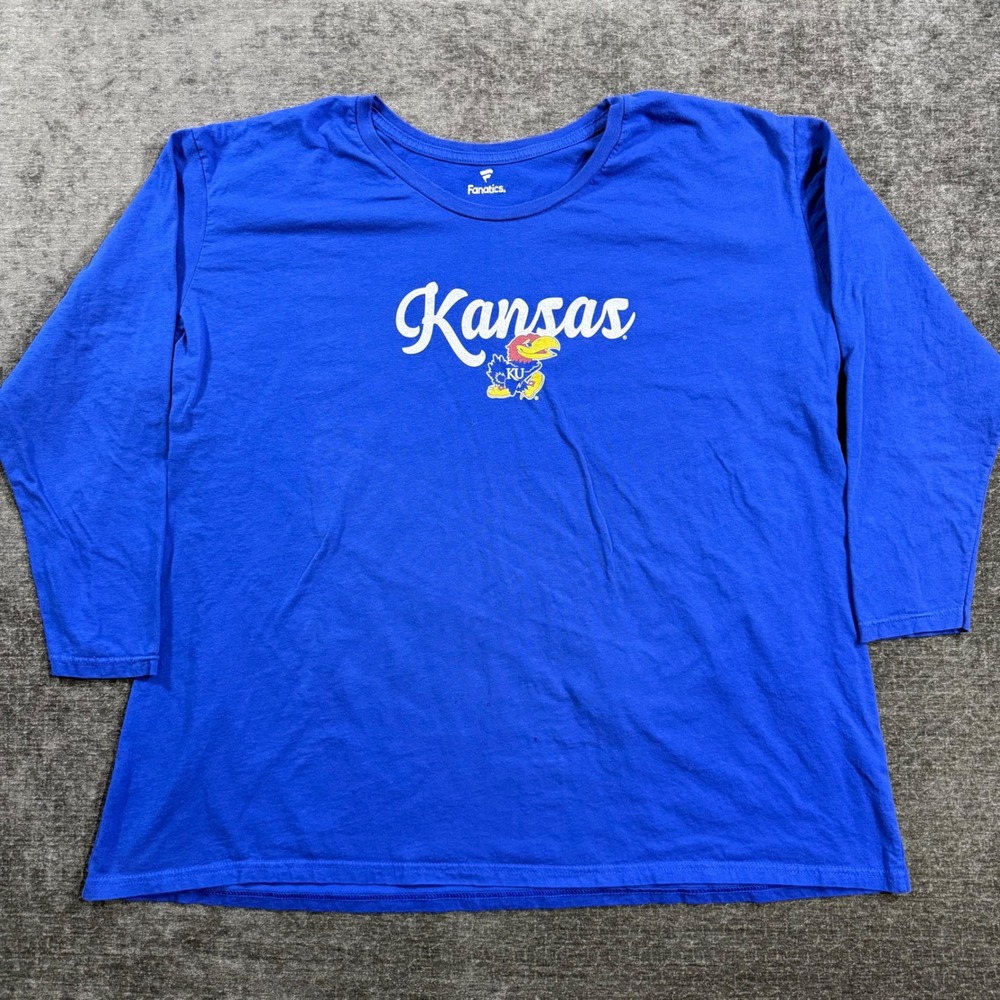 Fanatics Kansas Jayhawks Long Sleeve T-Shirt Mens 2XL Blue Cotton NCAA KU Logo